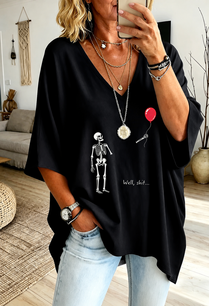 Women'S "Skeleton Lost Balloon" Loose-Fit Pure Cotton V-Neck T-Shirt