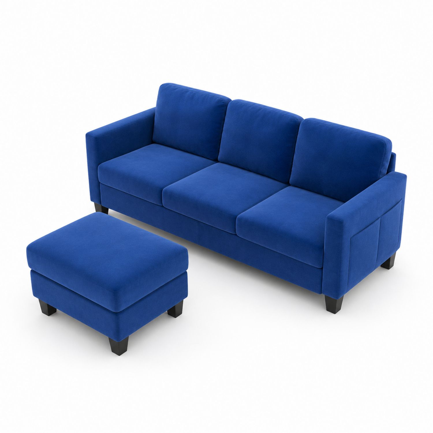 Canapé 3 places en velours bleu avec pouf-Prestigelodgea