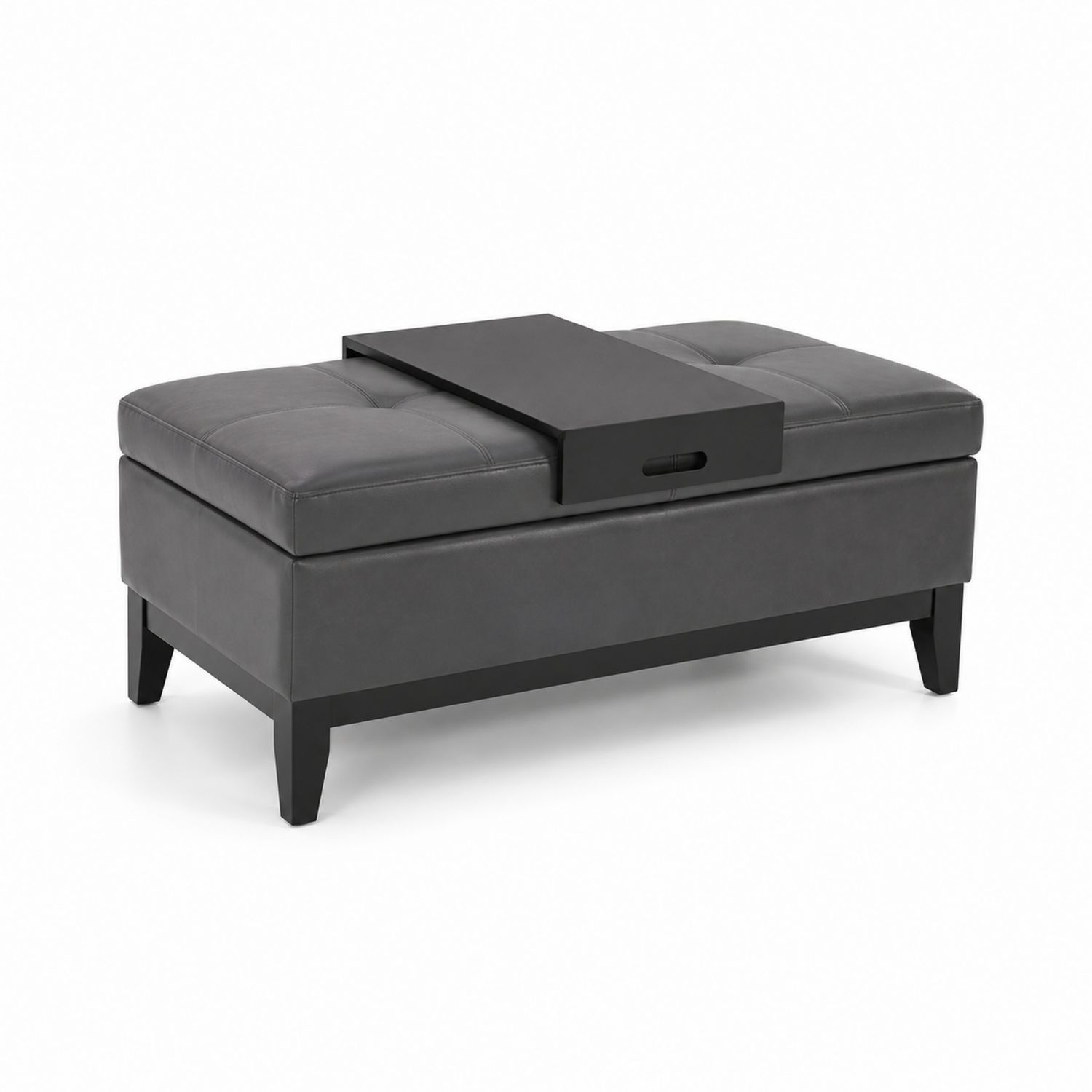 Pouf rectangulaire en cuir synthétique gris avec plateau amovible-Prestigelodgea