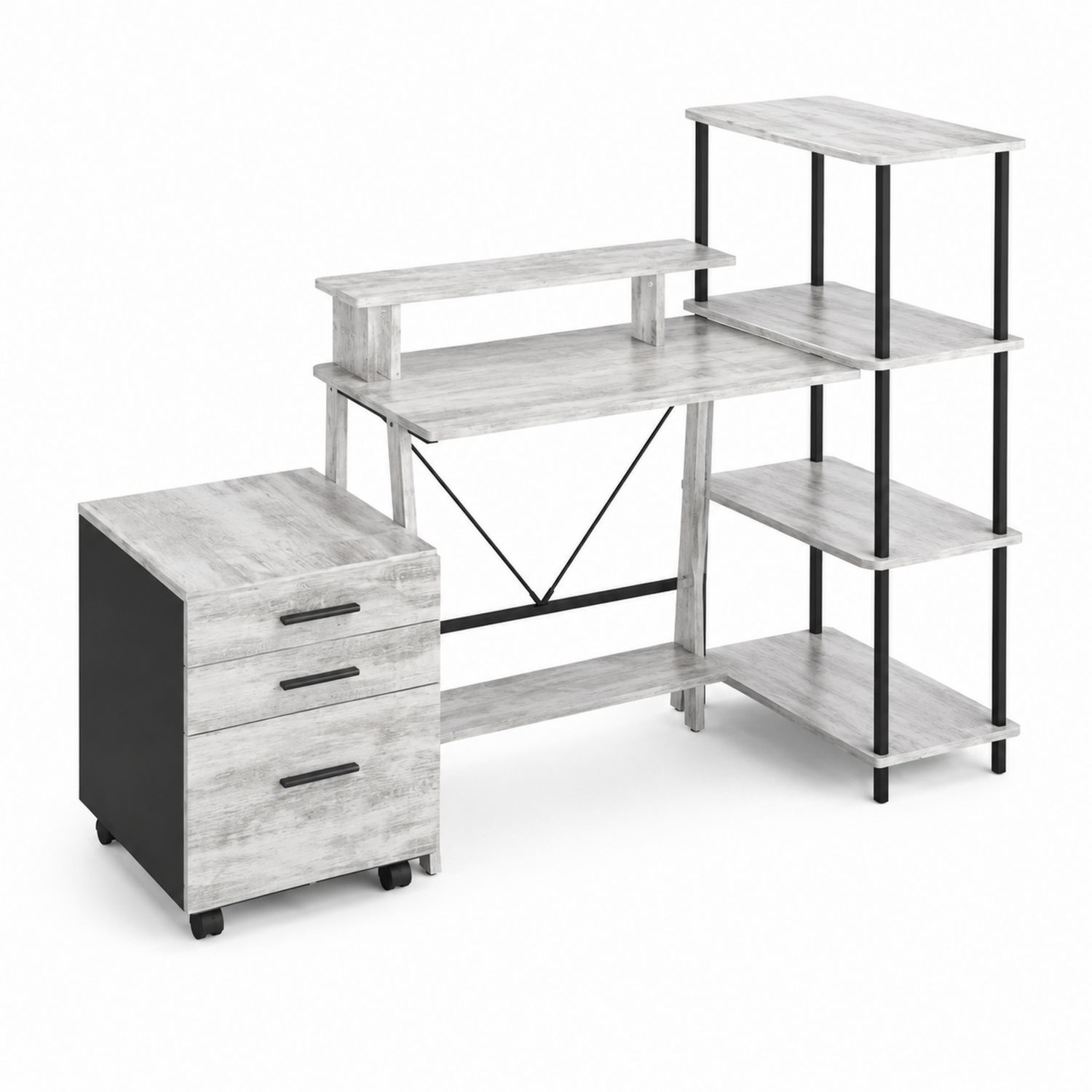 Bureau d'angle avec étagères et caisson à roulettes en bois et métal Blanc/Gris-Prestigelodgea