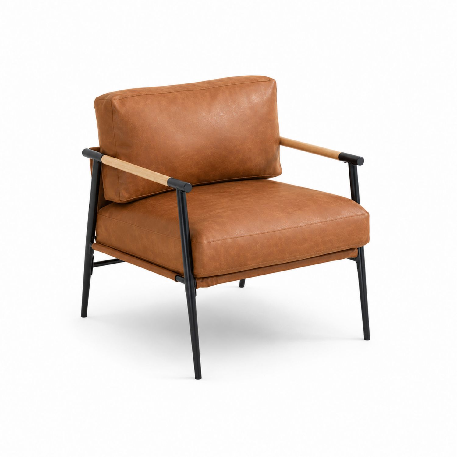 Fauteuil en cuir synthétique marron avec accoudoirs en bois et pieds en métal-Prestigelodgea
