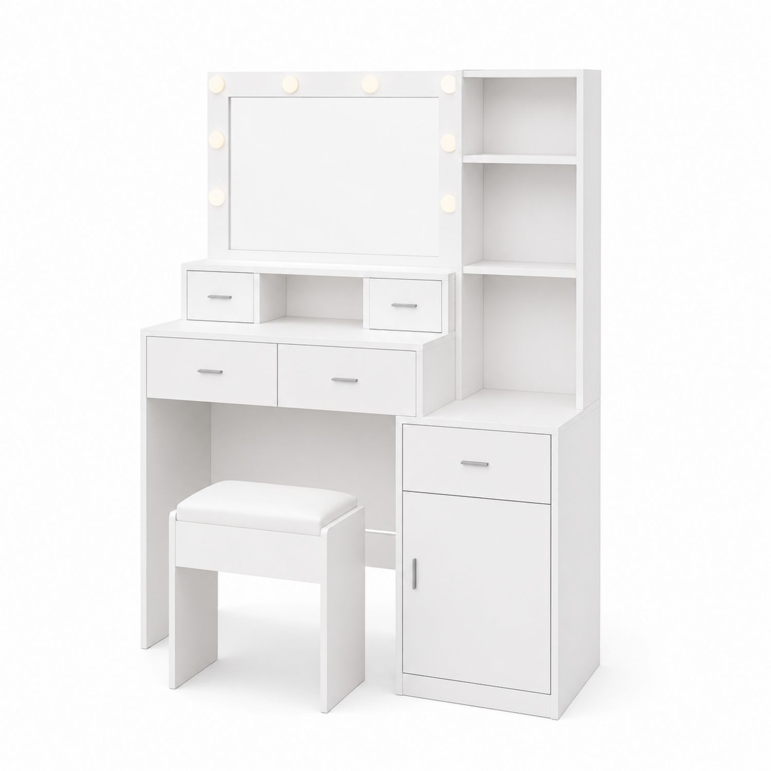 Coiffeuse avec miroir éclairé et étagères en MDF blanc-Prestigelodgea