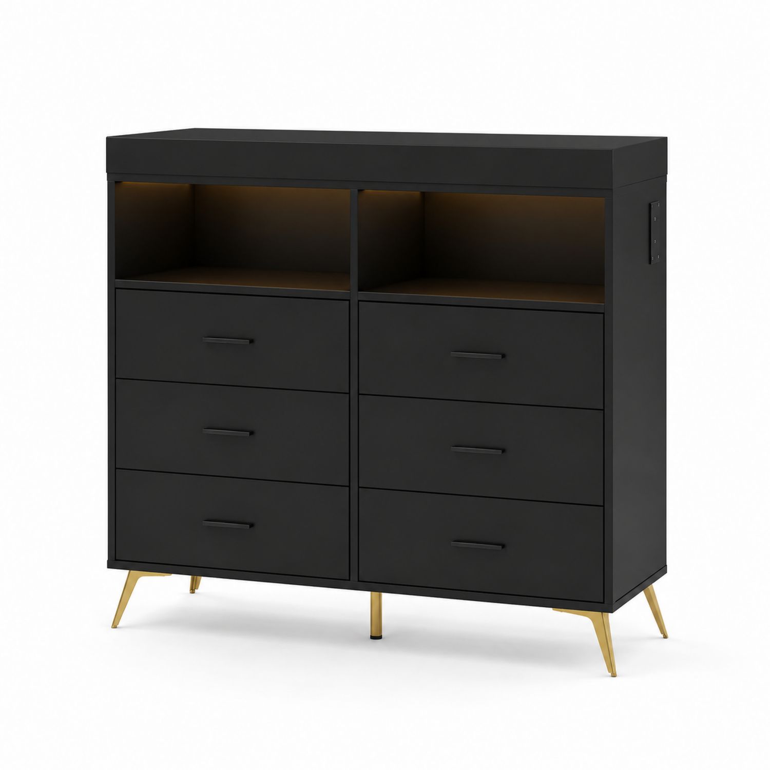 Commode en Bois MDF Noir avec Pieds Métalliques Dorés et Étagères-Prestigelodgea
