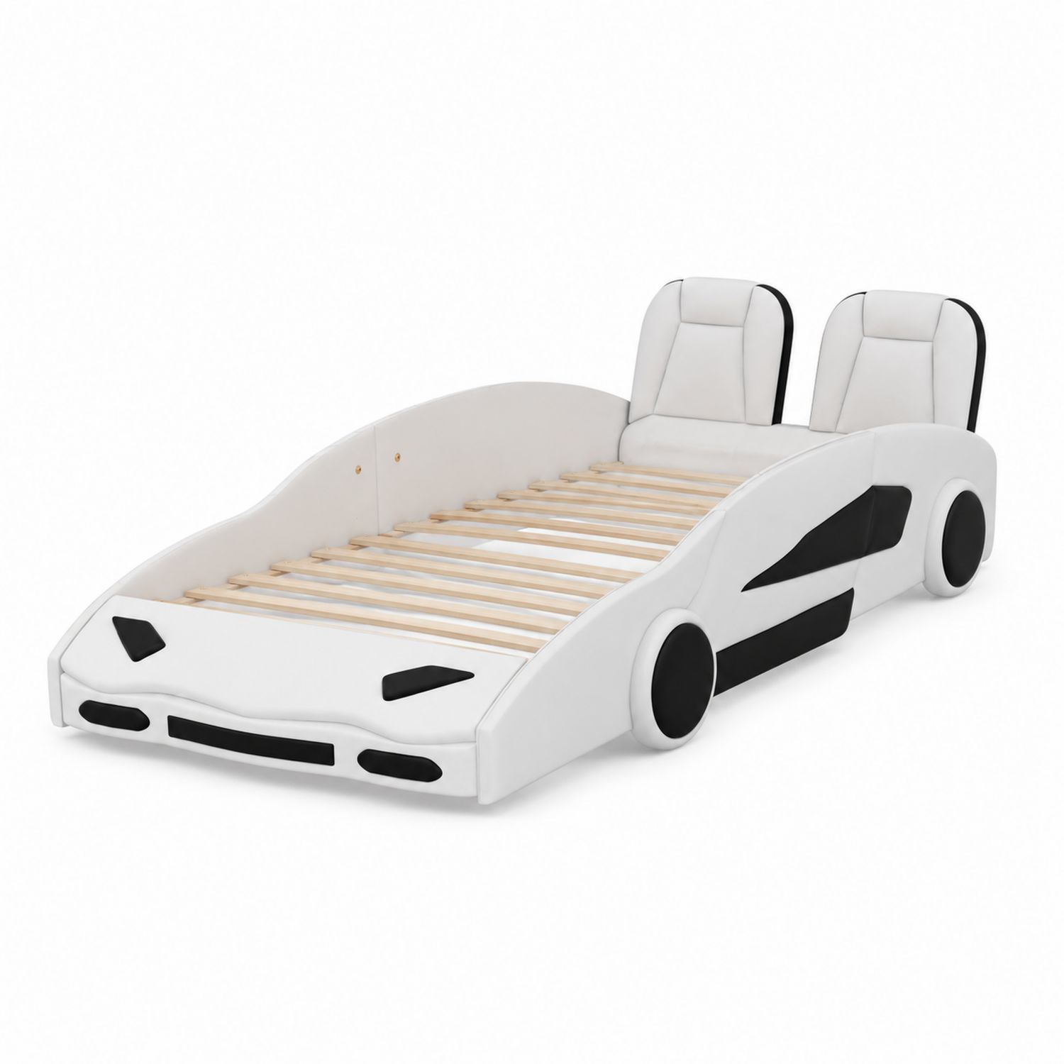 Lit Enfant Voiture en Bois et Revêtement PU Blanc/Noir-Prestigelodgea