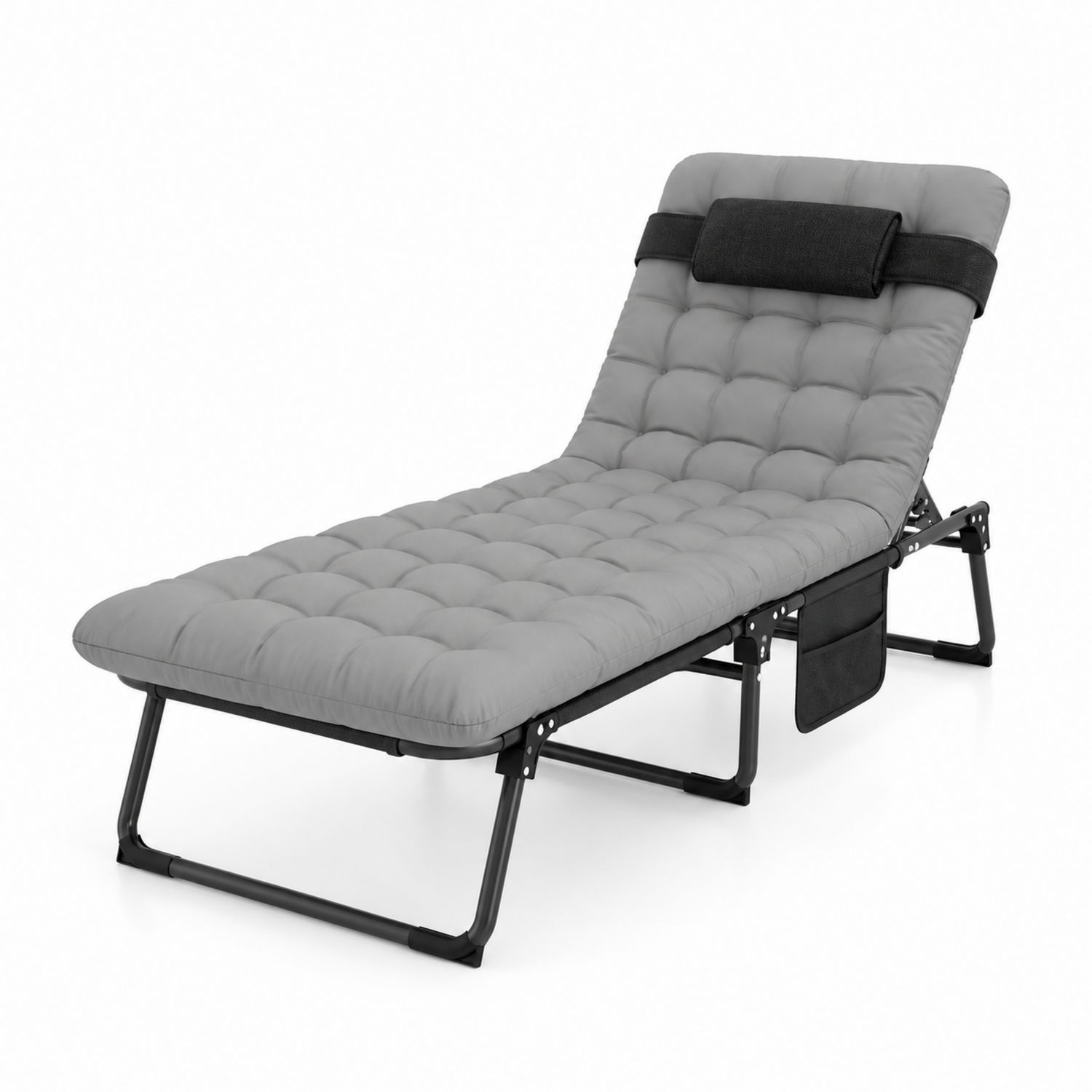 Chaise longue pliable en métal avec coussins en polyester Gris-Prestigelodgea