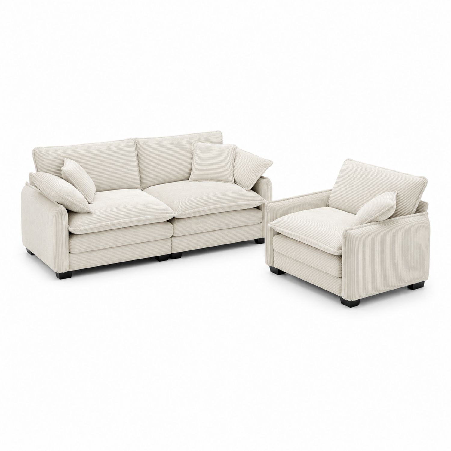 Ensemble canapé 3 places et fauteuil en velours côtelé Crème-Prestigelodgea