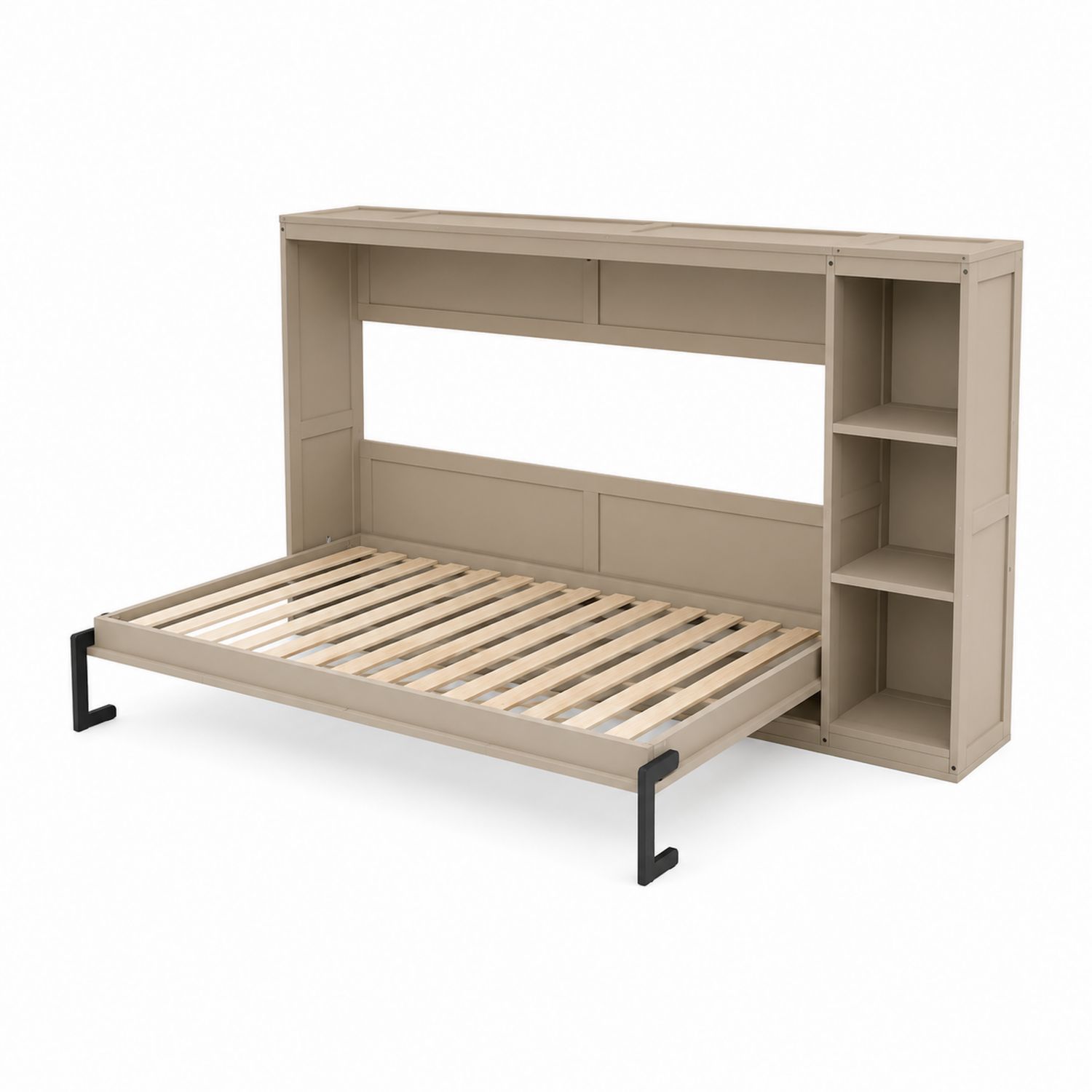 Lit escamotable mural avec étagères intégrées en bois et métal Beige-Prestigelodgea
