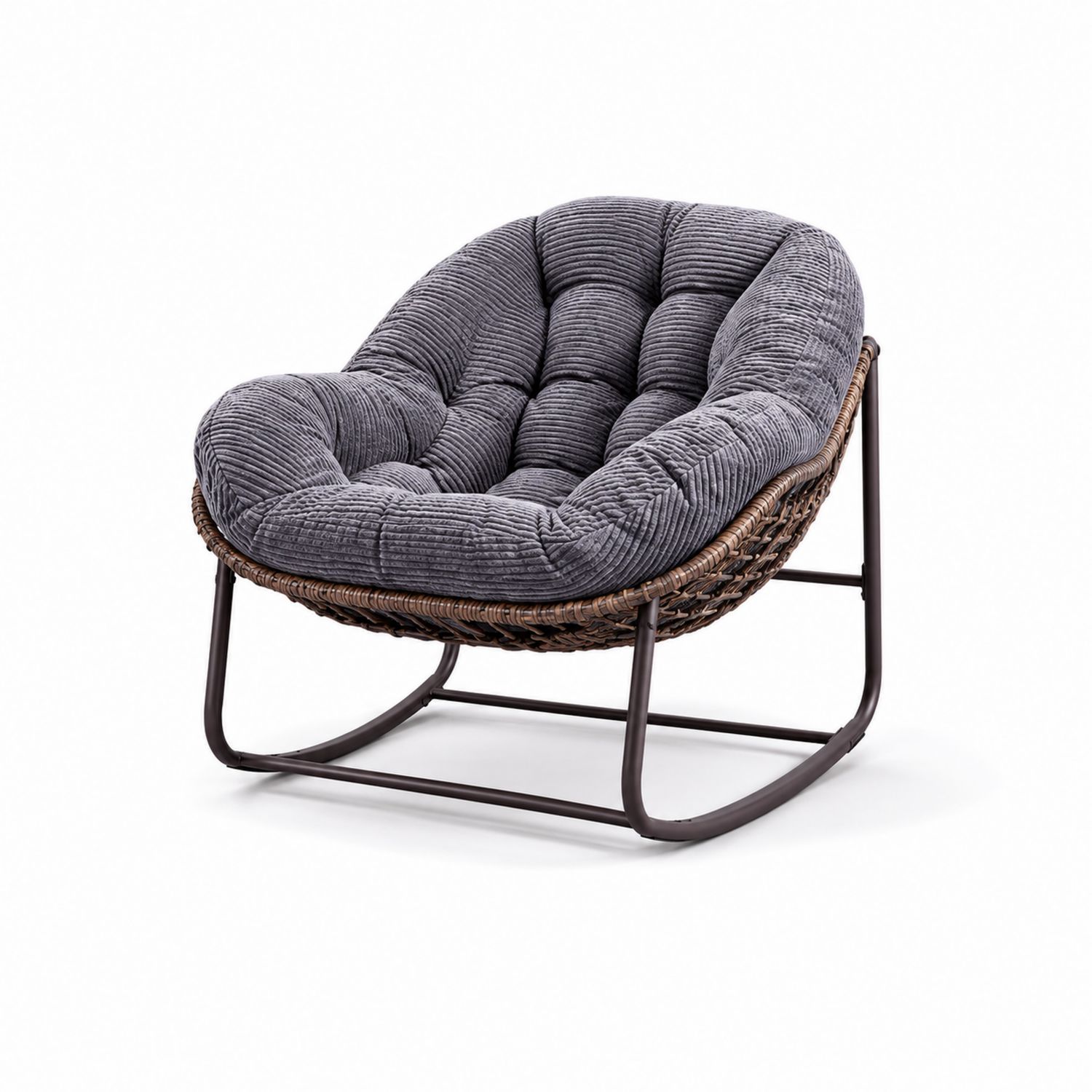 Chaise à bascule en tissu velours gris avec cadre en métal et rotin-Prestigelodgea