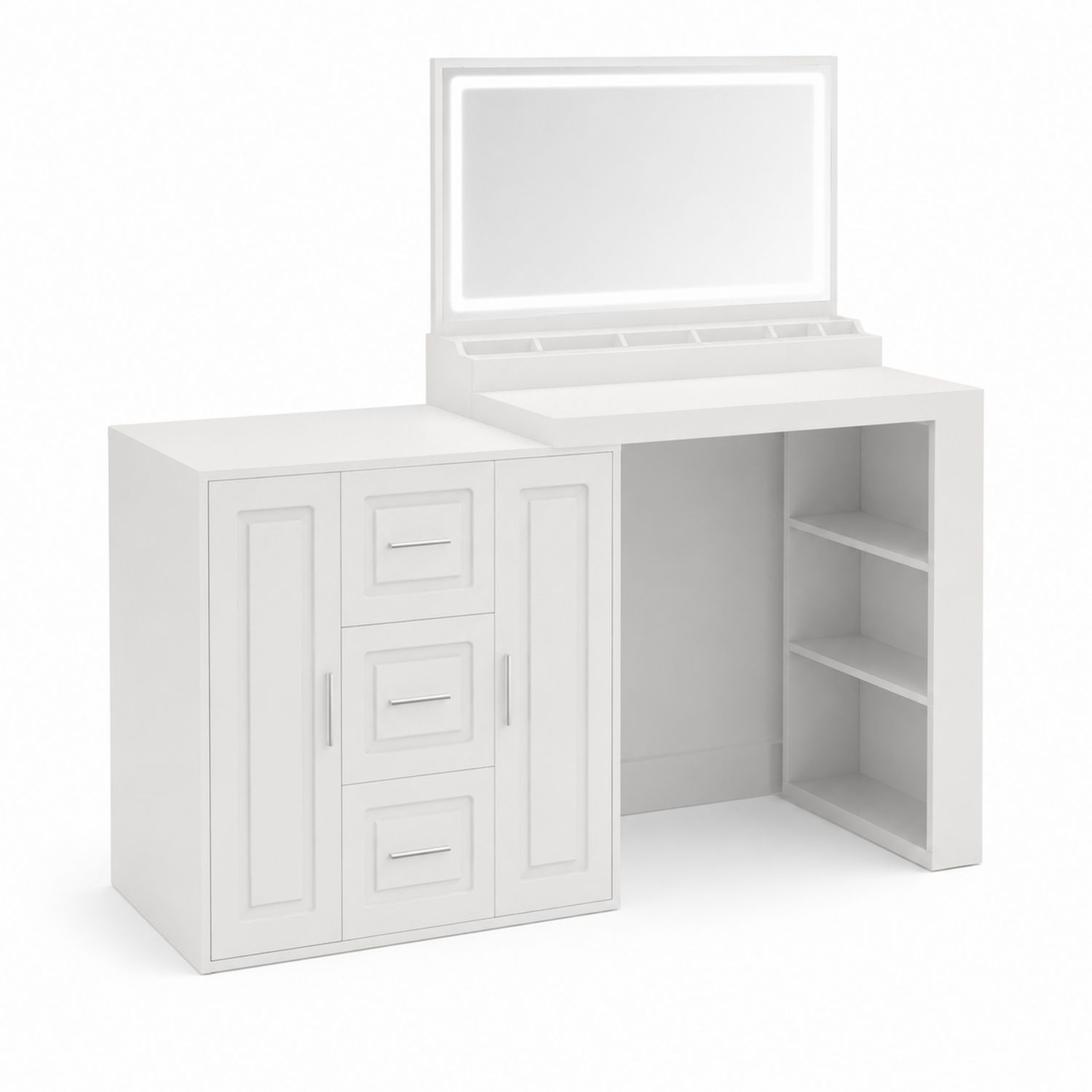 Coiffeuse avec Miroir en Verre Trempé Éclairé et Rangement en MDF Blanc-Prestigelodgea