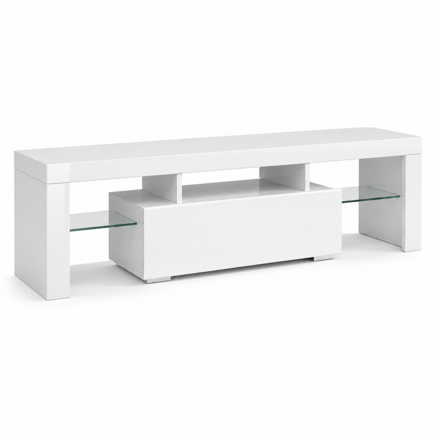 Meuble TV en bois avec étagères en verre trempé, 150x40x45 cm, Blanc-Prestigelodgea