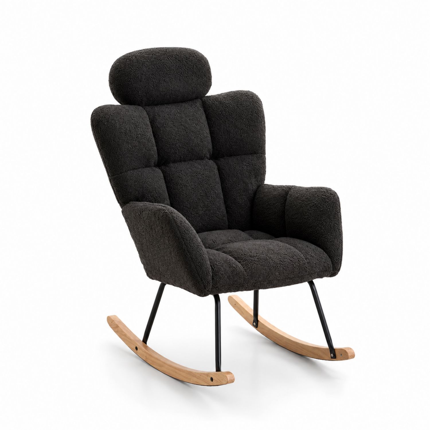 Fauteuil à bascule en tissu bouclette noir avec pieds en bois et métal-Prestigelodgea