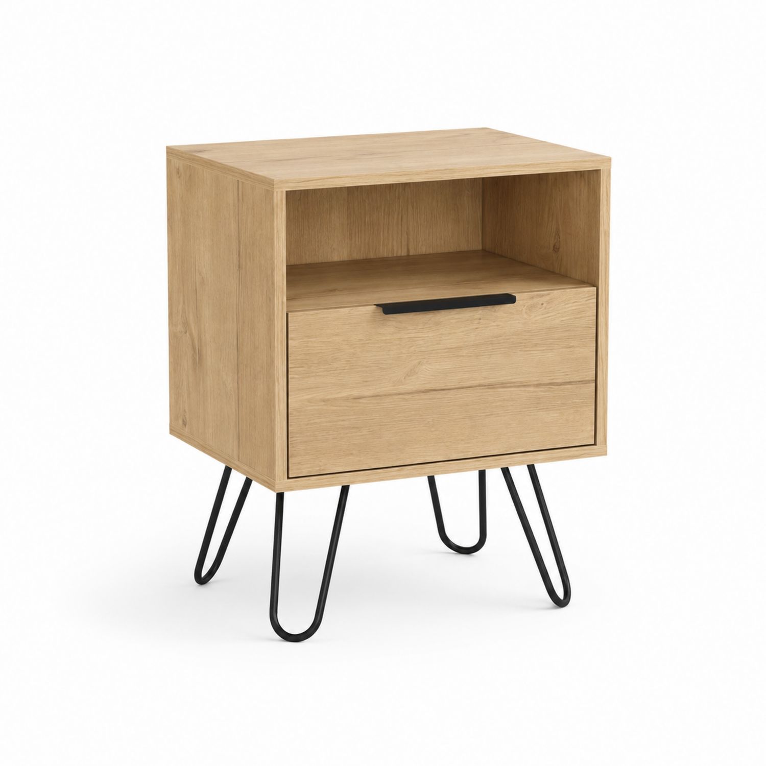 Table de chevet en bois de chêne avec tiroir et pieds en métal-Prestigelodgea