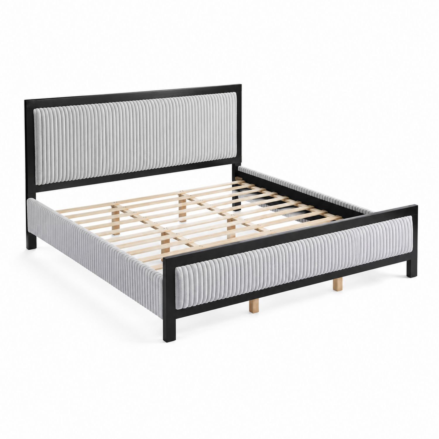 Lit double en bois avec tête de lit en tissu gris 140x200 cm-Prestigelodgea