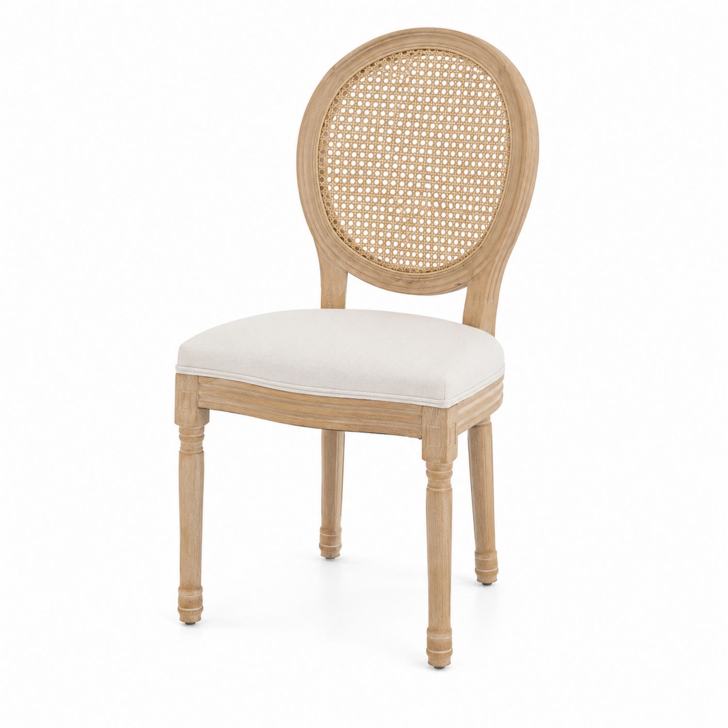 Chaise de salle à manger en bois et rotin avec coussin en lin beige-Prestigelodgea