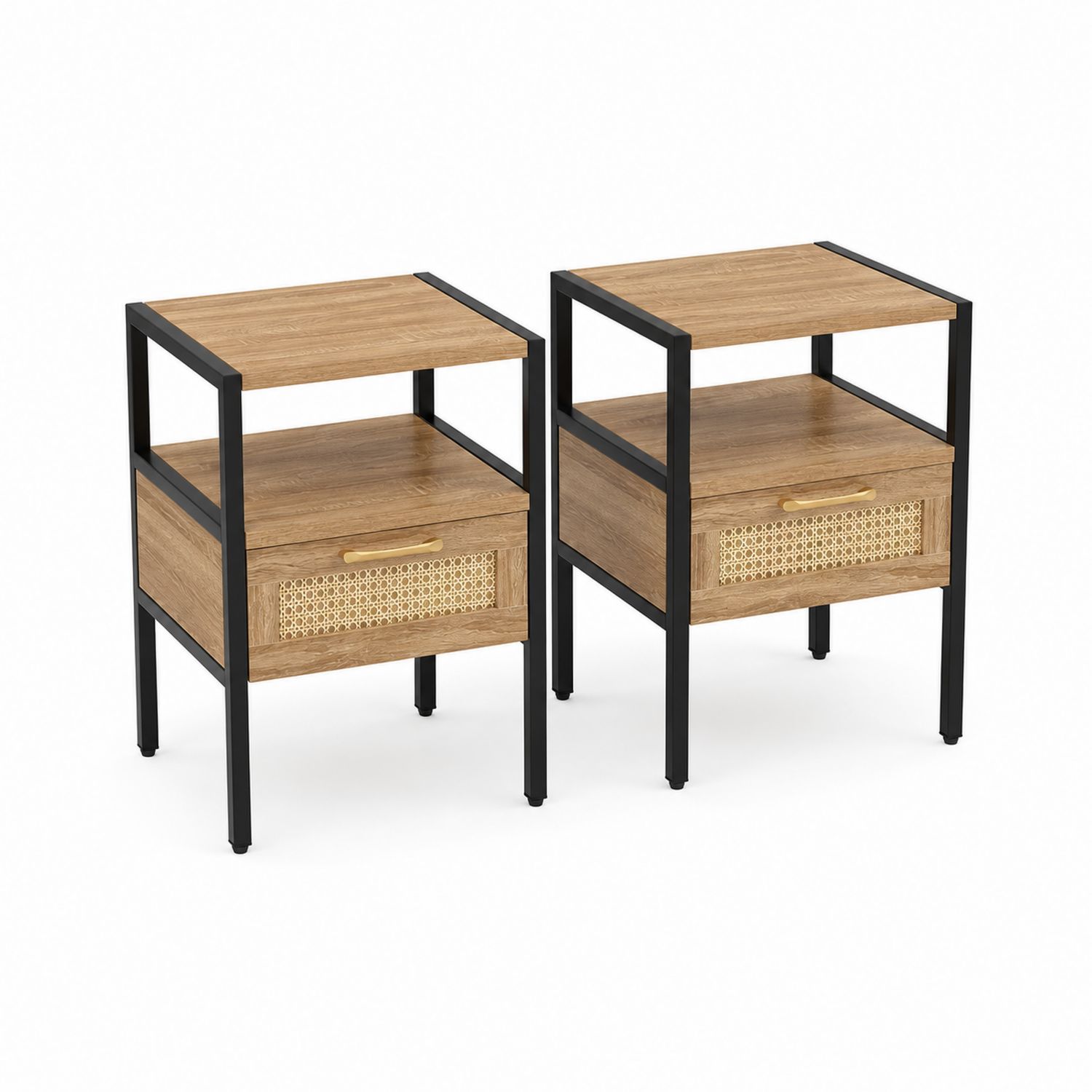 Tables de chevet en bois et métal avec tiroir en rotin - Lot de 2-Prestigelodgea