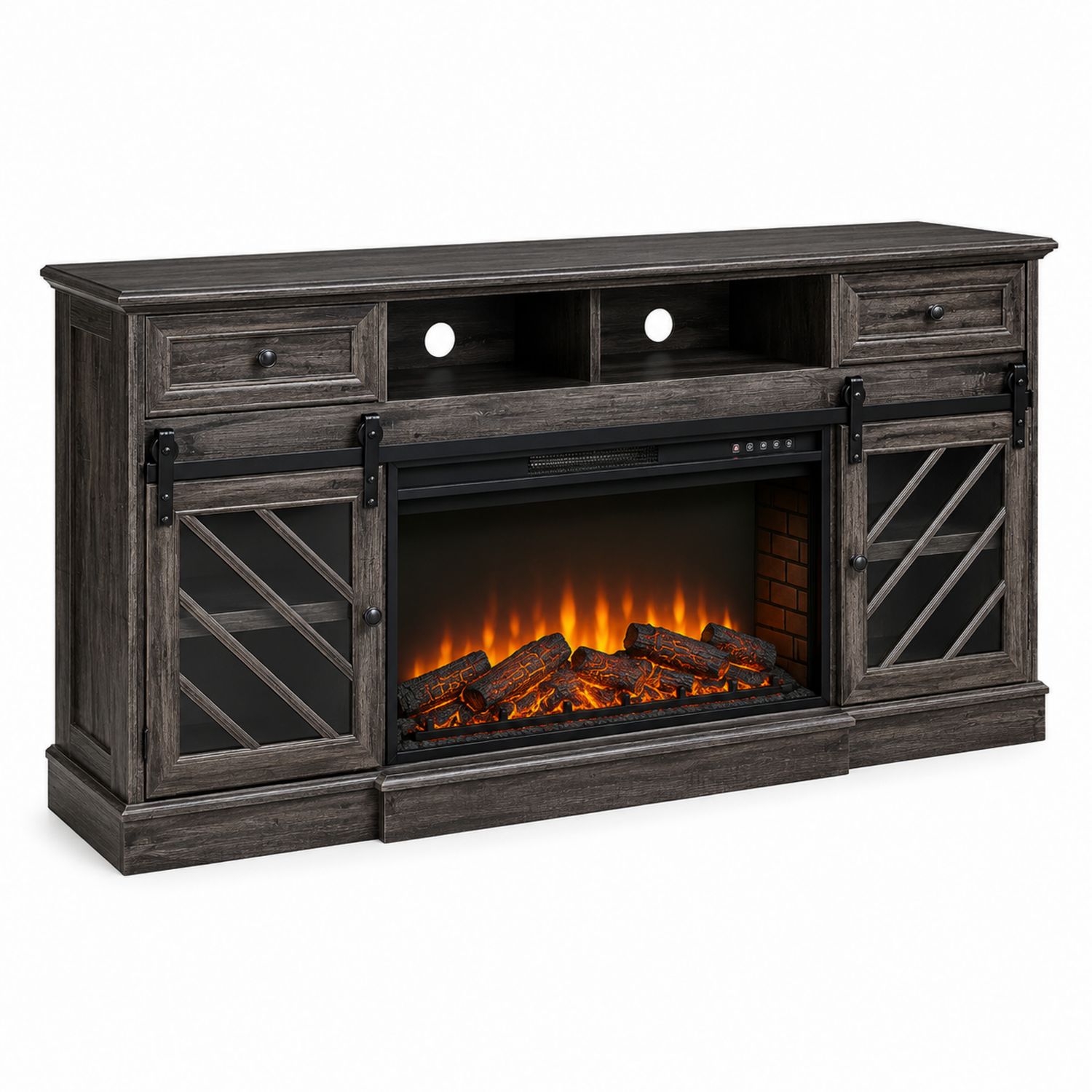 Meuble TV avec Cheminée Électrique en Bois Gris-Prestigelodgea