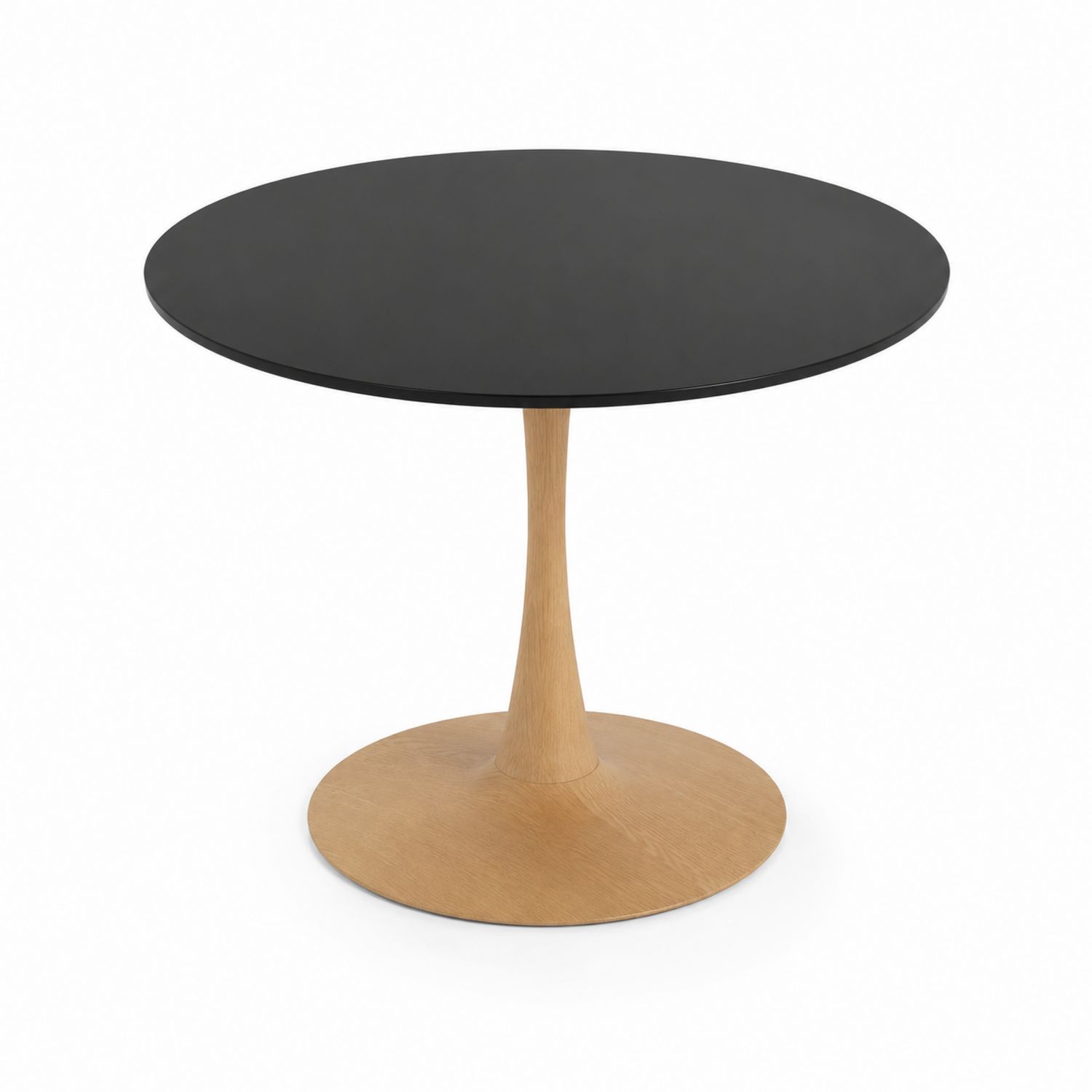 Table ronde en bois avec plateau noir et pied en bois-Prestigelodgea