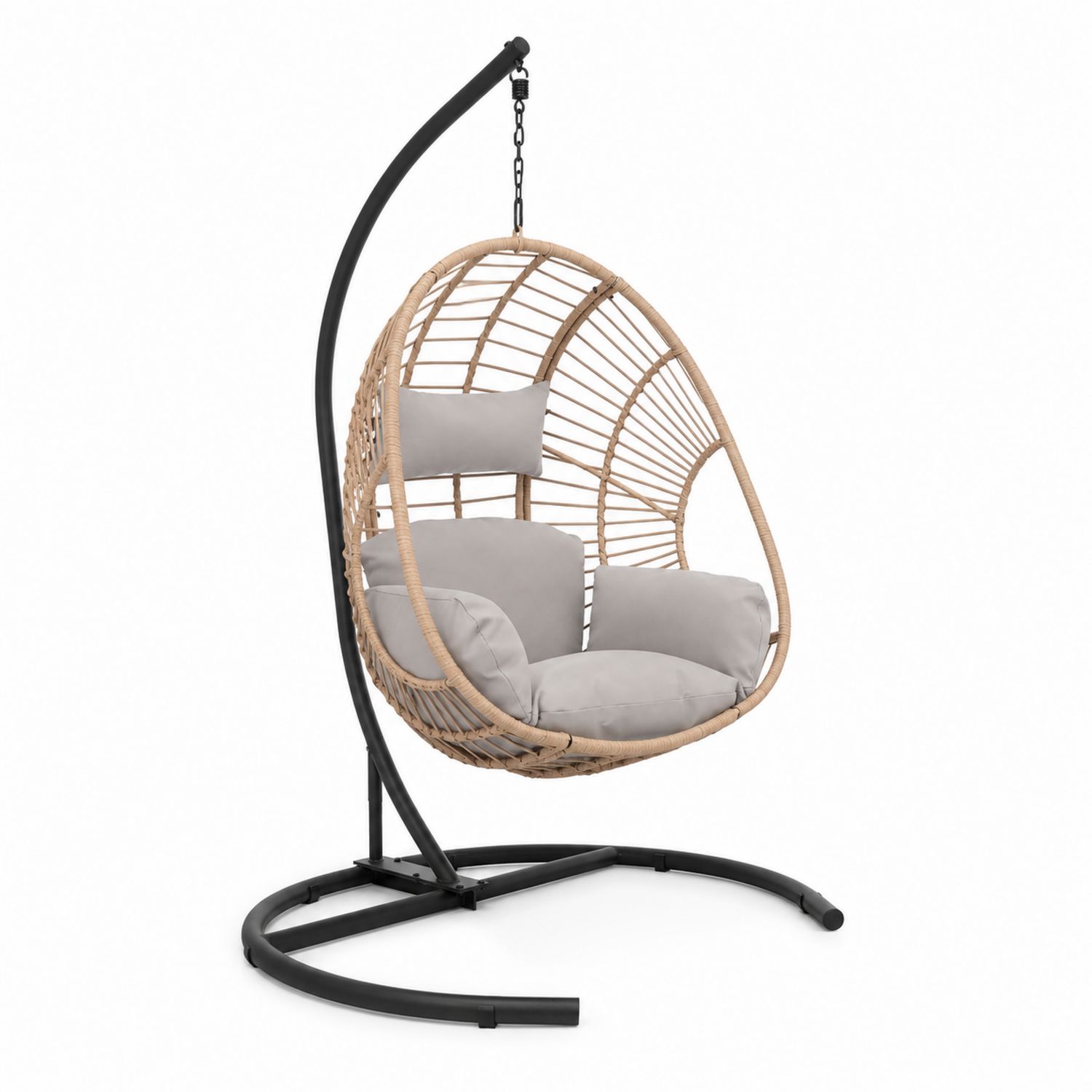 Chaise suspendue en rotin synthétique avec coussins gris et structure métallique-Prestigelodgea