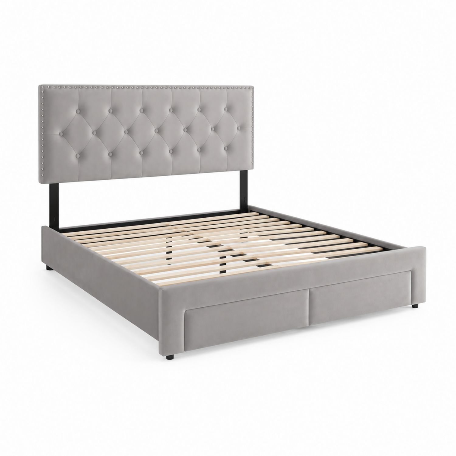 Lit double en velours Gris avec tête de lit capitonnée-Prestigelodgea