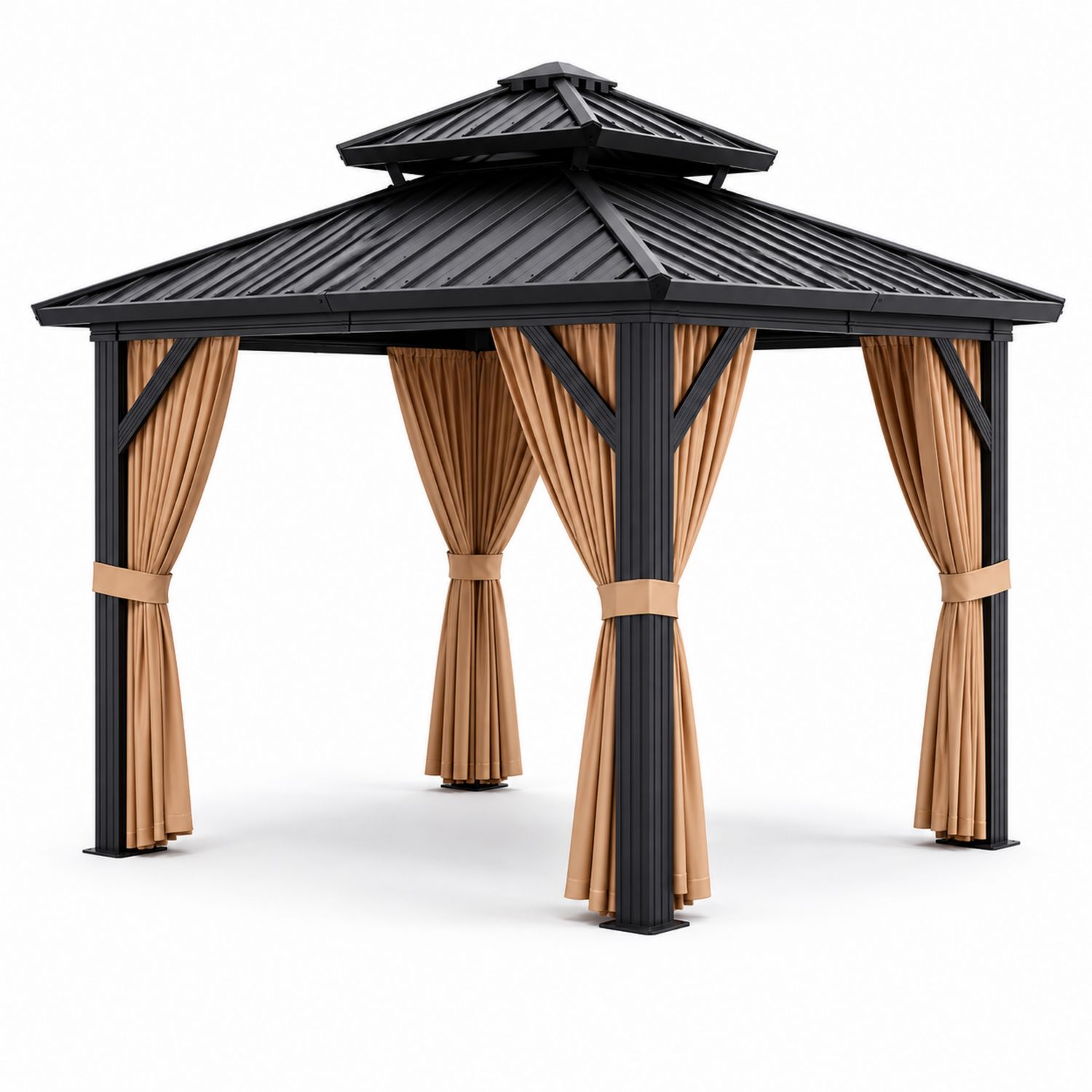 Tonnelle en métal avec rideaux en polyester Noir et Marron 3x3m-Prestigelodgea