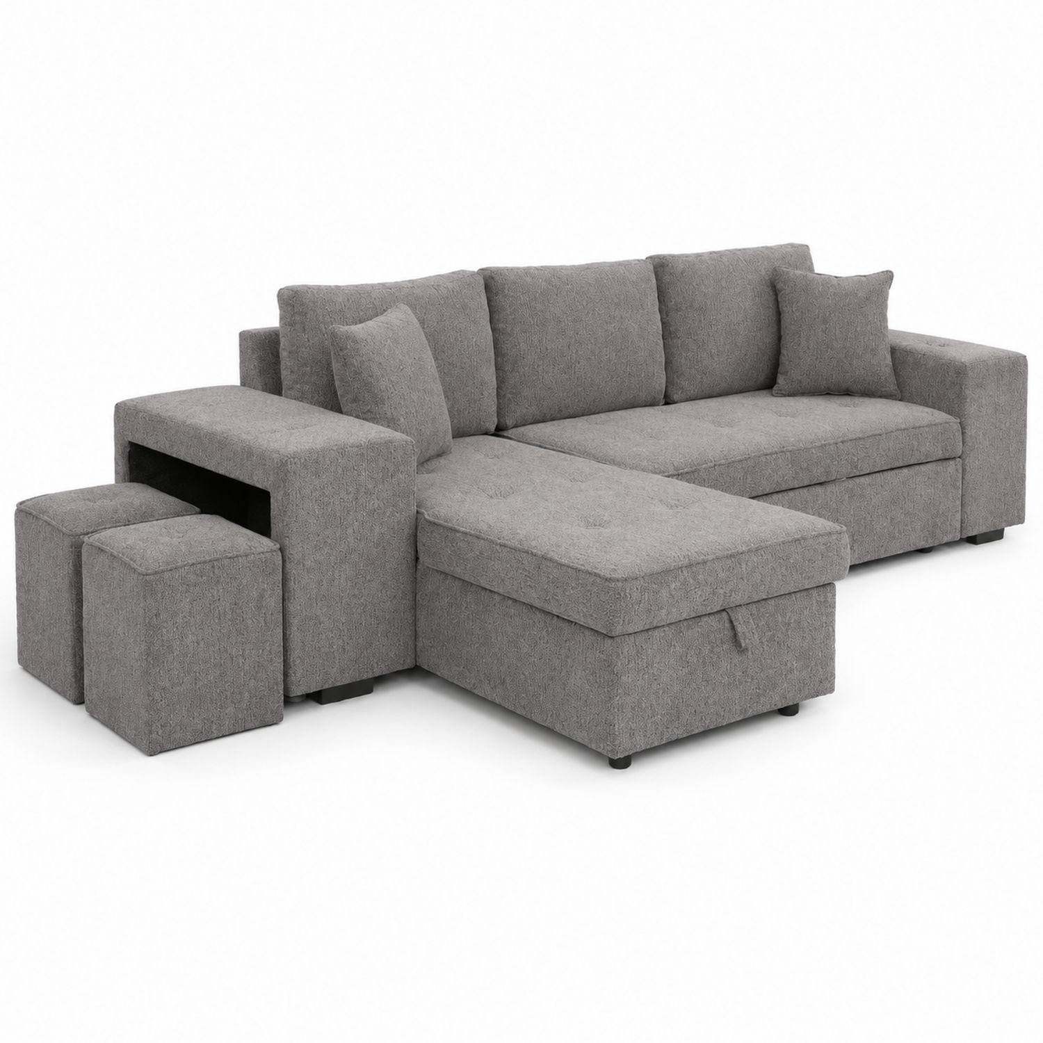 Canapé d'angle réversible en tissu gris avec méridienne et poufs-Prestigelodgea
