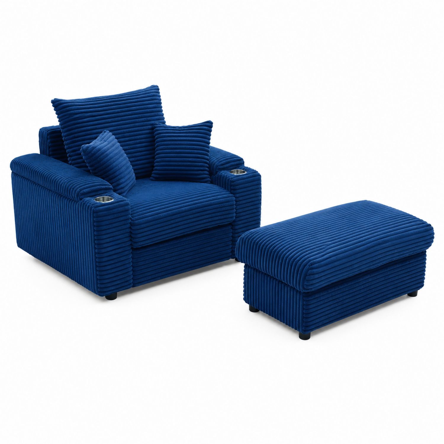 Ensemble fauteuil et pouf en velours côtelé bleu-Prestigelodgea
