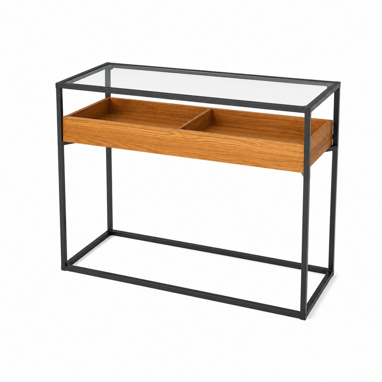 Console en verre, métal et chêne avec tiroirs 110x45x75 cm-Prestigelodgea