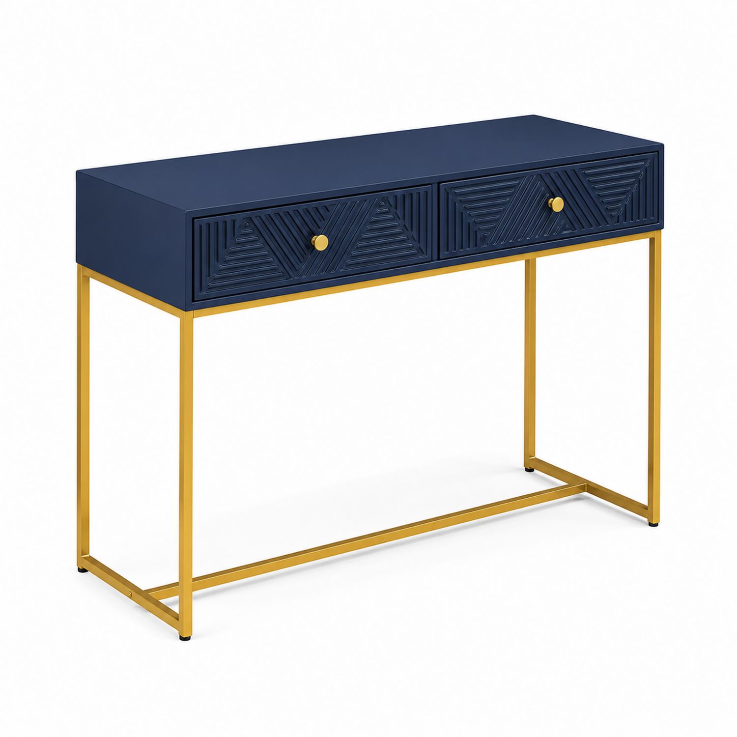 Console rectangulaire 2 tiroirs en MDF bleu et métal doré-Prestigelodgea