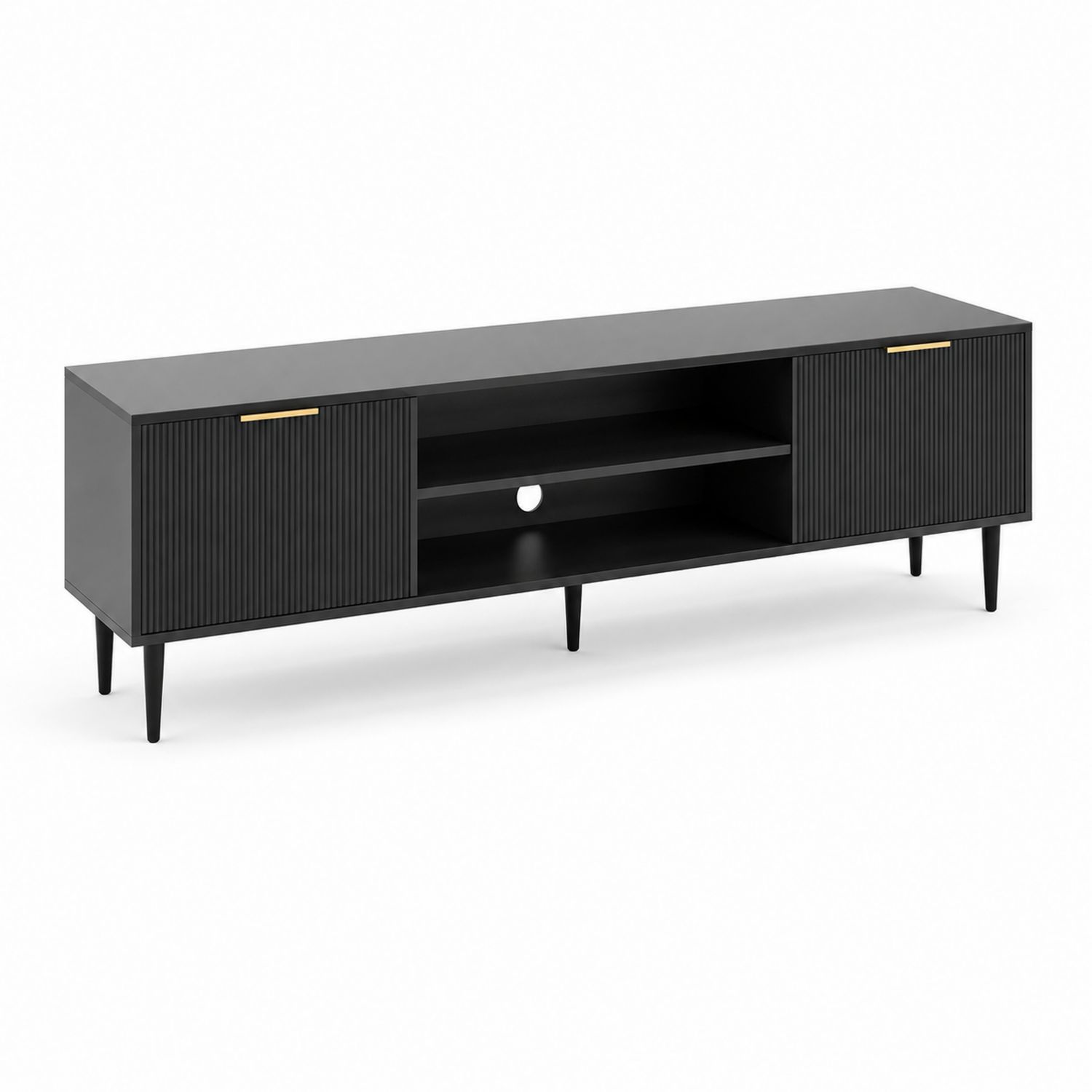 Meuble TV rectangulaire 180 cm en bois noir avec portes et étagères-Prestigelodgea