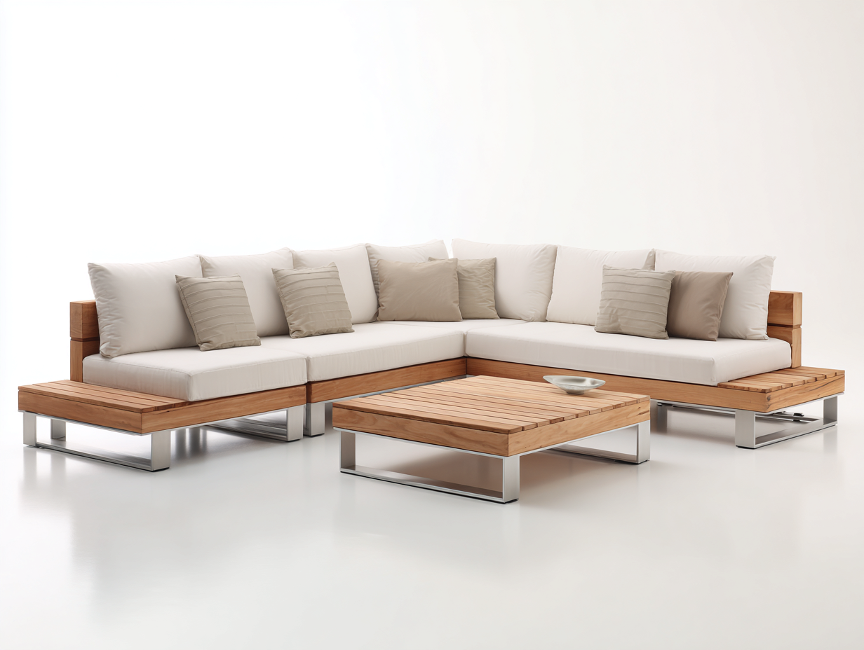 Sofás de exterior madera metal 280x280x70 cm beige natural conjunto con mesa - diseño moderno-Ramoninest