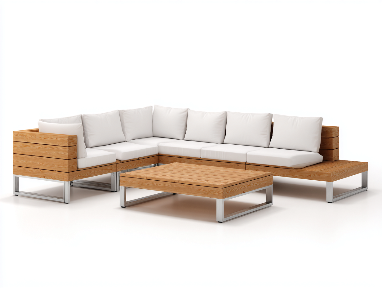 Sofás de exterior de madera y metal 255x190x72 cm natural-blanco para jardín - Diseño moderno-Ramoninest