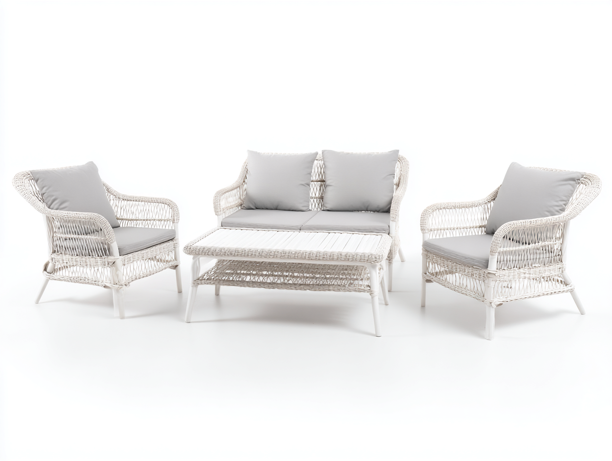 Sofás de exterior de ratán sintético 2 plazas con 2 sillones y mesa 185x78x82 cm blanco-gris para jardín - conjunto de 4 piezas - diseño natural-Ramoninest