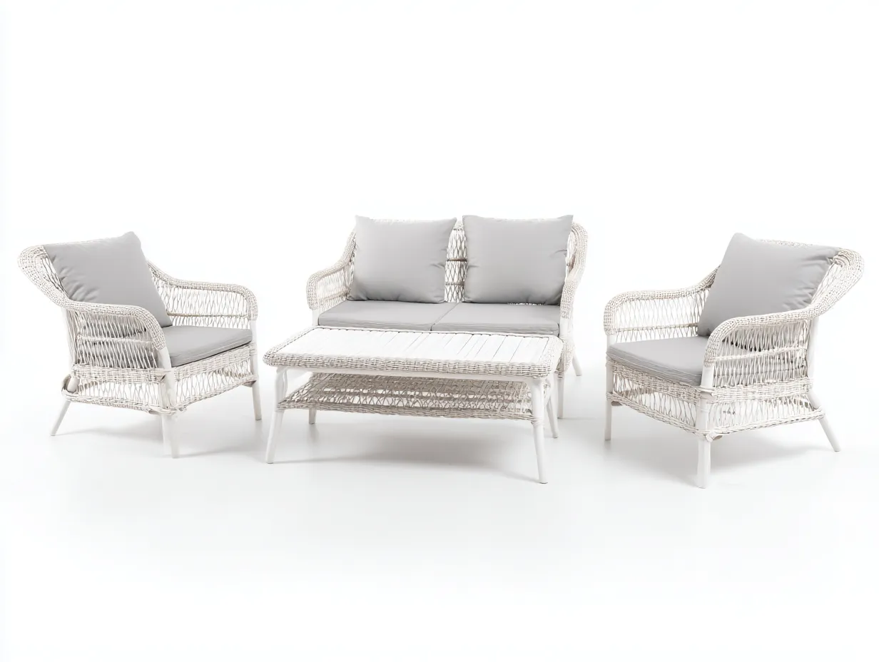 Sofás de exterior de ratán sintético 2 plazas con 2 sillones y mesa 185x78x82 cm blanco-gris para jardín - conjunto de 4 piezas - diseño natural-Ramoninest