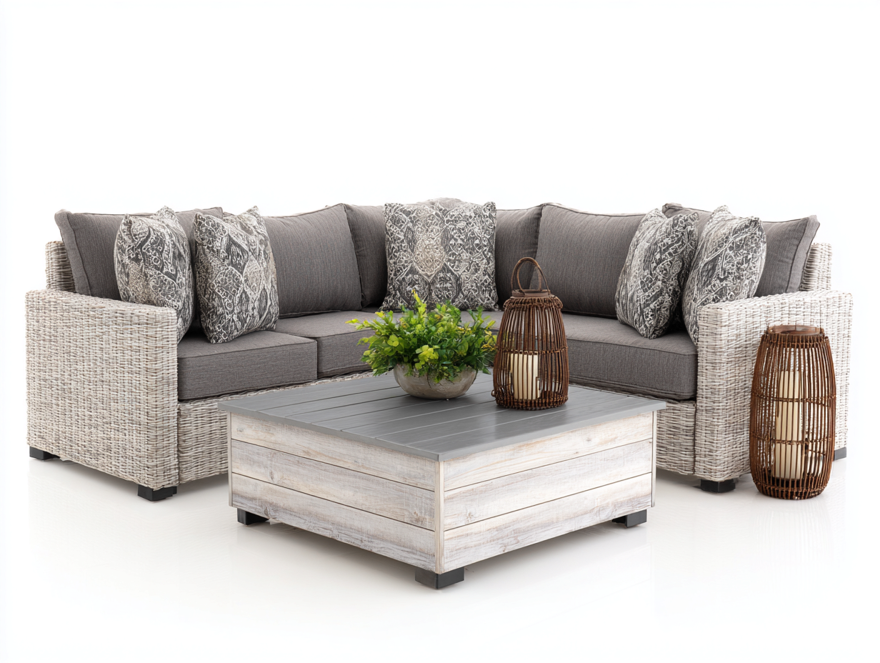 Sofás de exterior de ratán sintético 246x246x84 cm blanco roto-gris para jardín - sofá esquinero con mesa de centro - diseño acogedor-Ramoninest