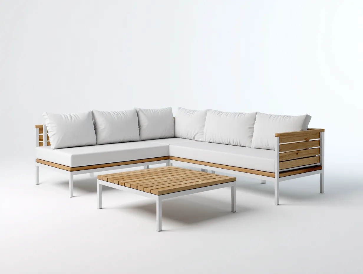 Sofás de exterior de madera y metal 240x180x72 cm blanco-natural para jardín - Diseño moderno-Ramoninest