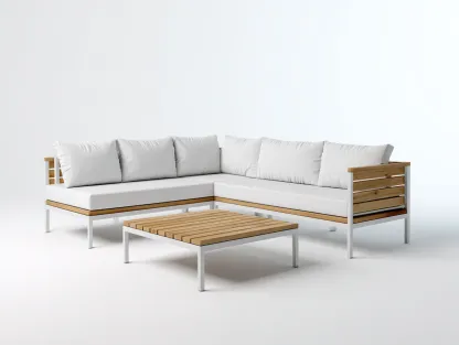 Sofás de exterior de madera y metal 240x180x72 cm blanco-natural para jardín - Diseño moderno-Ramoninest