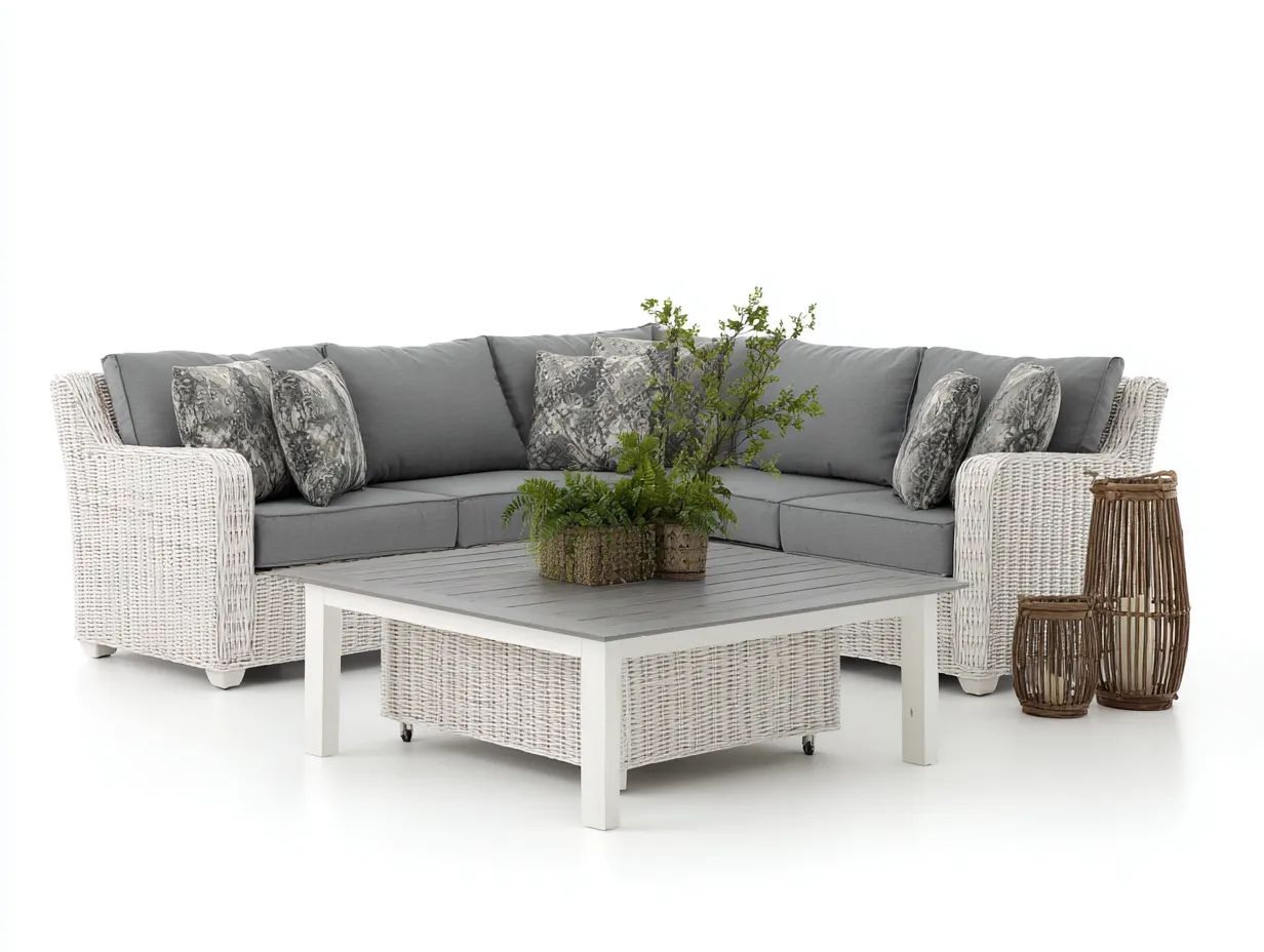 Sofás de exterior de ratán sintético y metal 250x250x78 cm - gris-blanco - conjunto esquinero con mesa de centro - diseño contemporáneo-Ramoninest