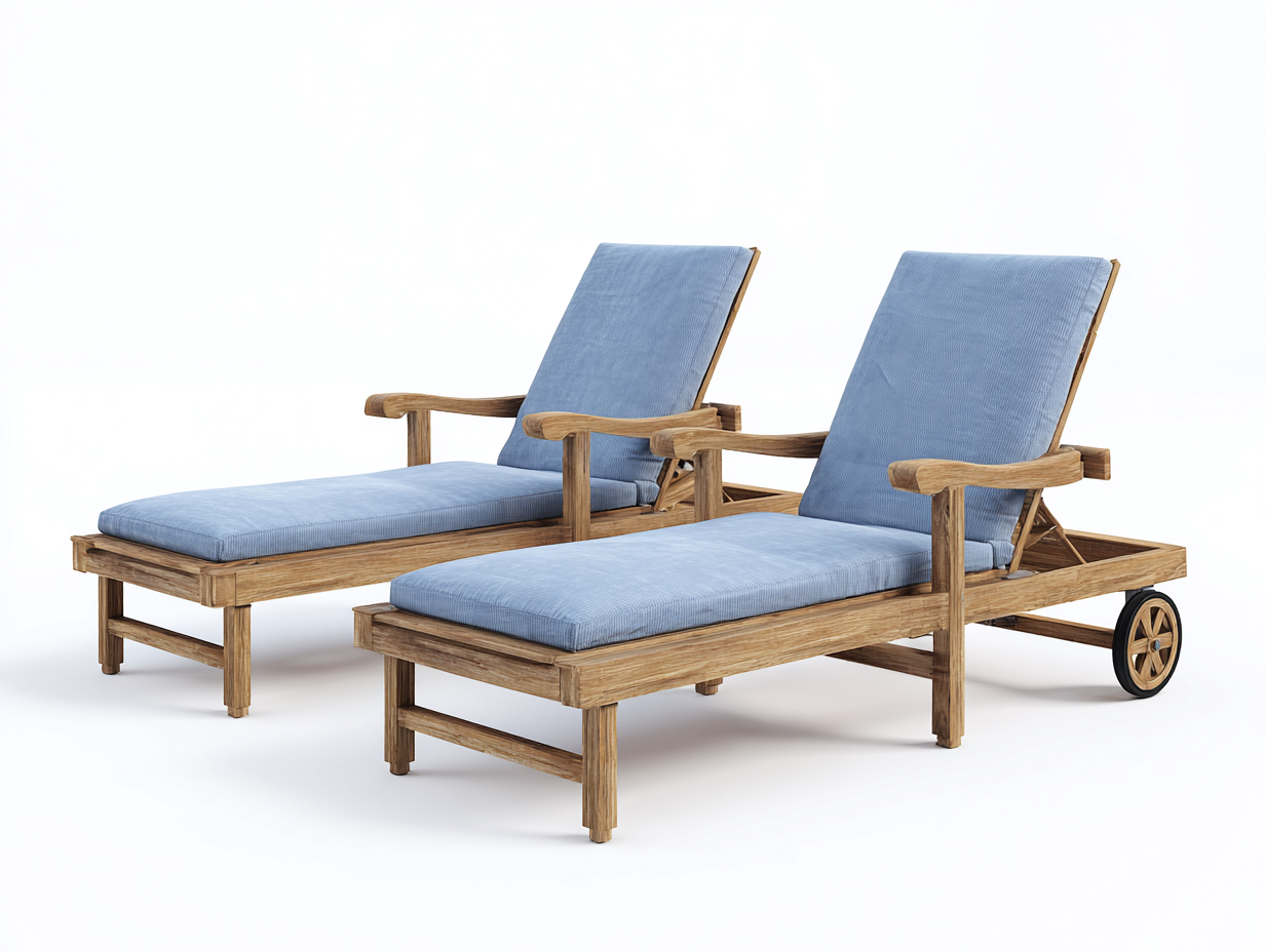 Tumbonas de madera con cojines 204x74x92 cm azul claro-madera natural para jardín - respaldo ajustable y ruedas - juego de 2 - diseño funcional-Ramoninest