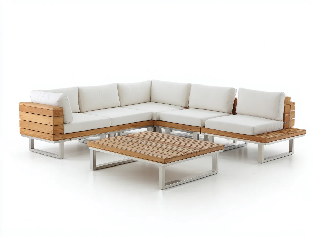 Sofás de exterior de madera y metal 260x260x68 cm - blanco-madera-plata - conjunto esquinero con mesa de centro - diseño contemporáneo-Ramoninest