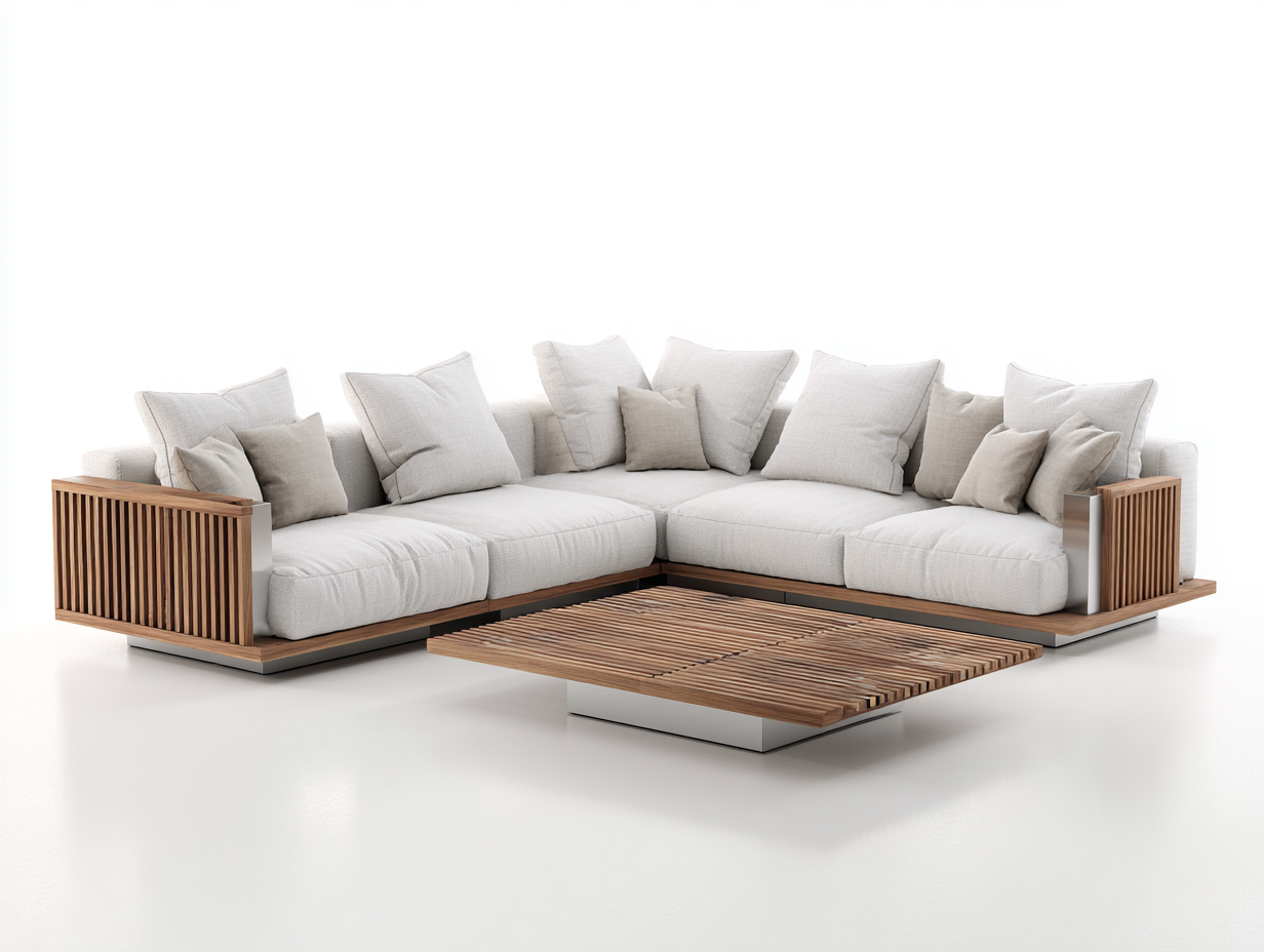 Sofás de exterior de madera 268x268x76 cm blanco y madera natural para terraza - conjunto moderno-Ramoninest