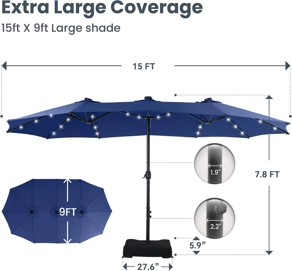 15ft Double-Sided Patio Extra Large Umbrella With LED Lights
