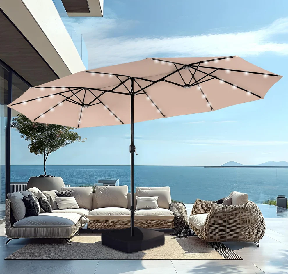 15ft Double-Sided Patio Extra Large Umbrella With LED Lights