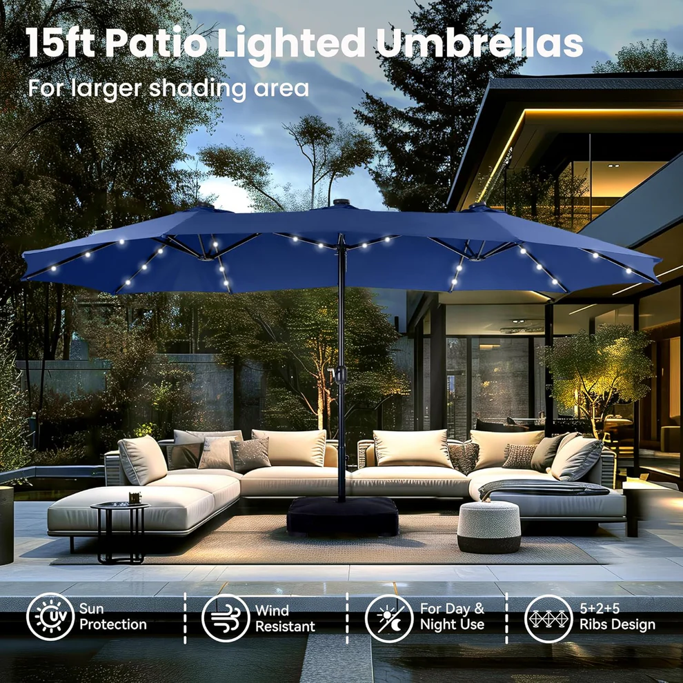 15ft Double-Sided Patio Extra Large Umbrella With LED Lights