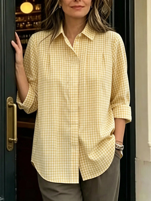 Limited-Time Offer: 49% OFF🔥 Women's Statement Button Gingham Pintuck Blouse