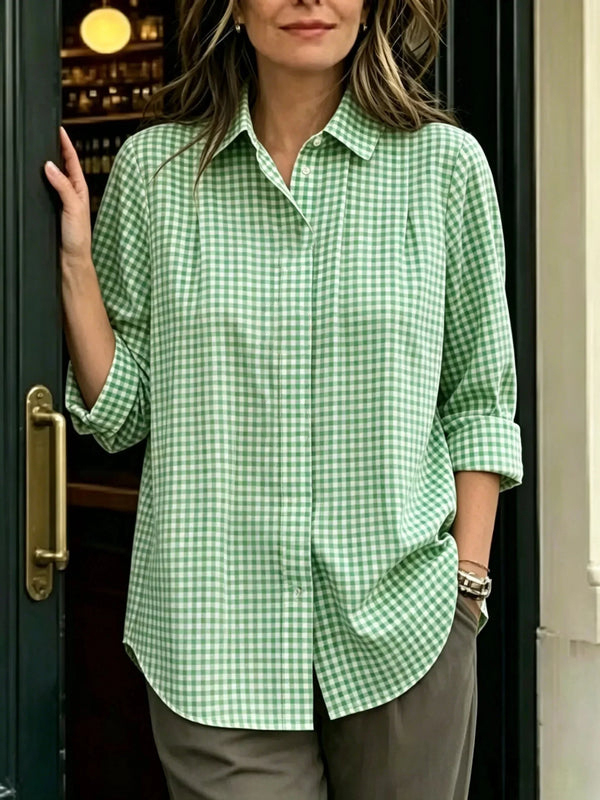 Limited-Time Offer: 49% OFF🔥 Women's Statement Button Gingham Pintuck Blouse