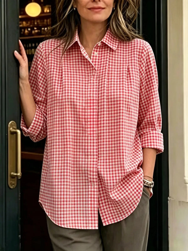 Limited-Time Offer: 49% OFF🔥 Women's Statement Button Gingham Pintuck Blouse