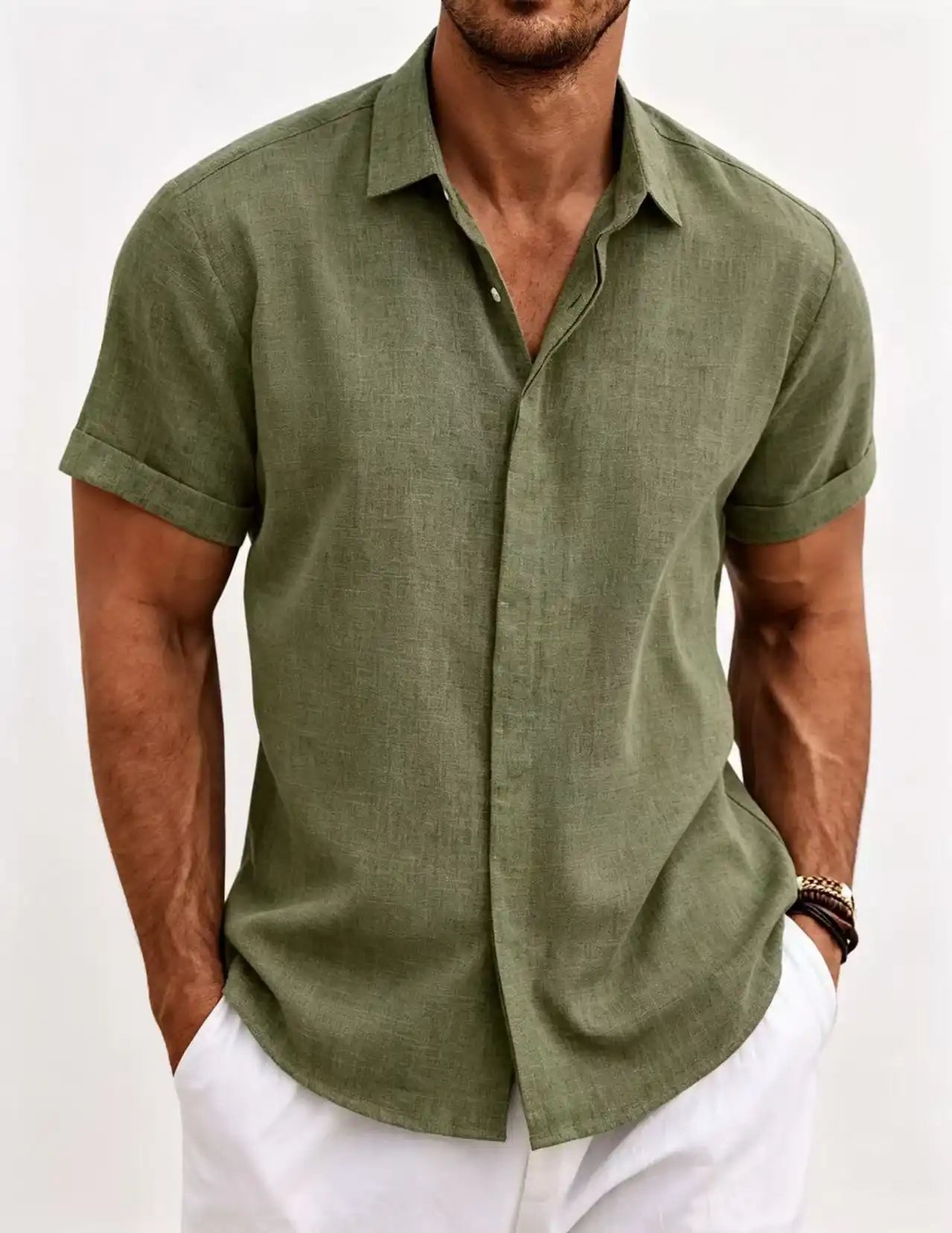 Men's Casual Short Sleeve Cotton Linen Shirt - Summer Beach Button-Down Shirt