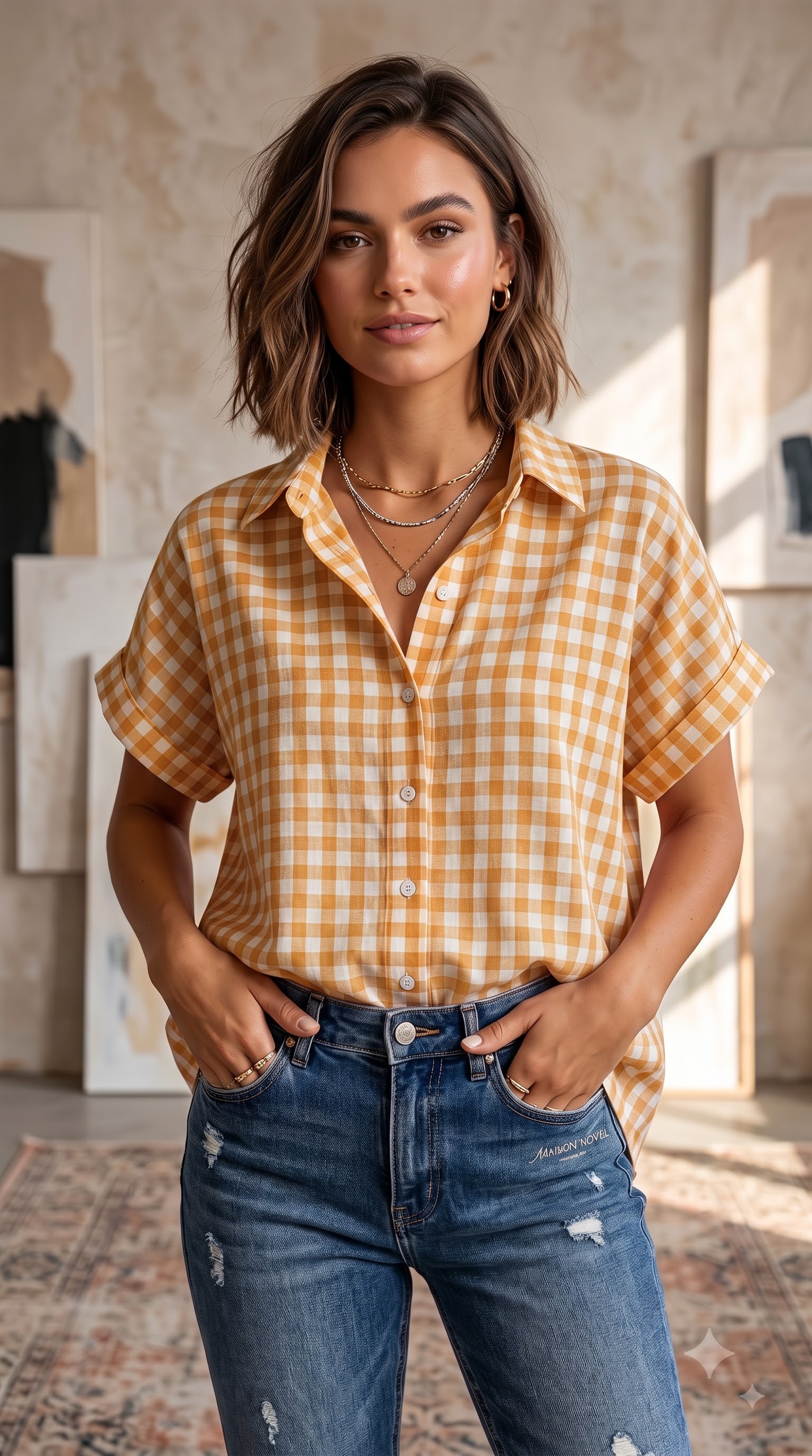 Classic Gingham Cotton-Linen V-Neck Button-Front Blouse