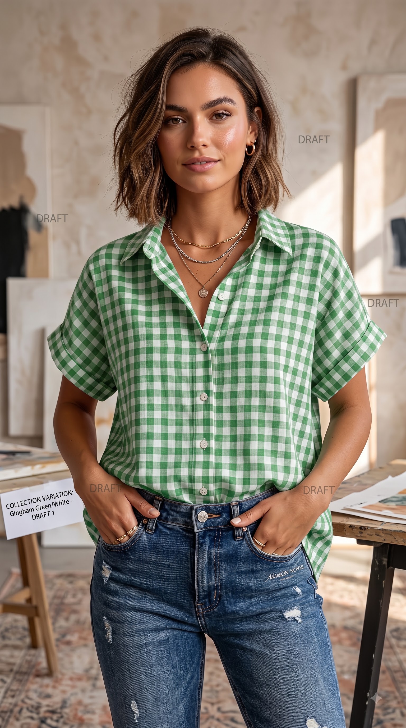 Classic Gingham Cotton-Linen V-Neck Button-Front Blouse