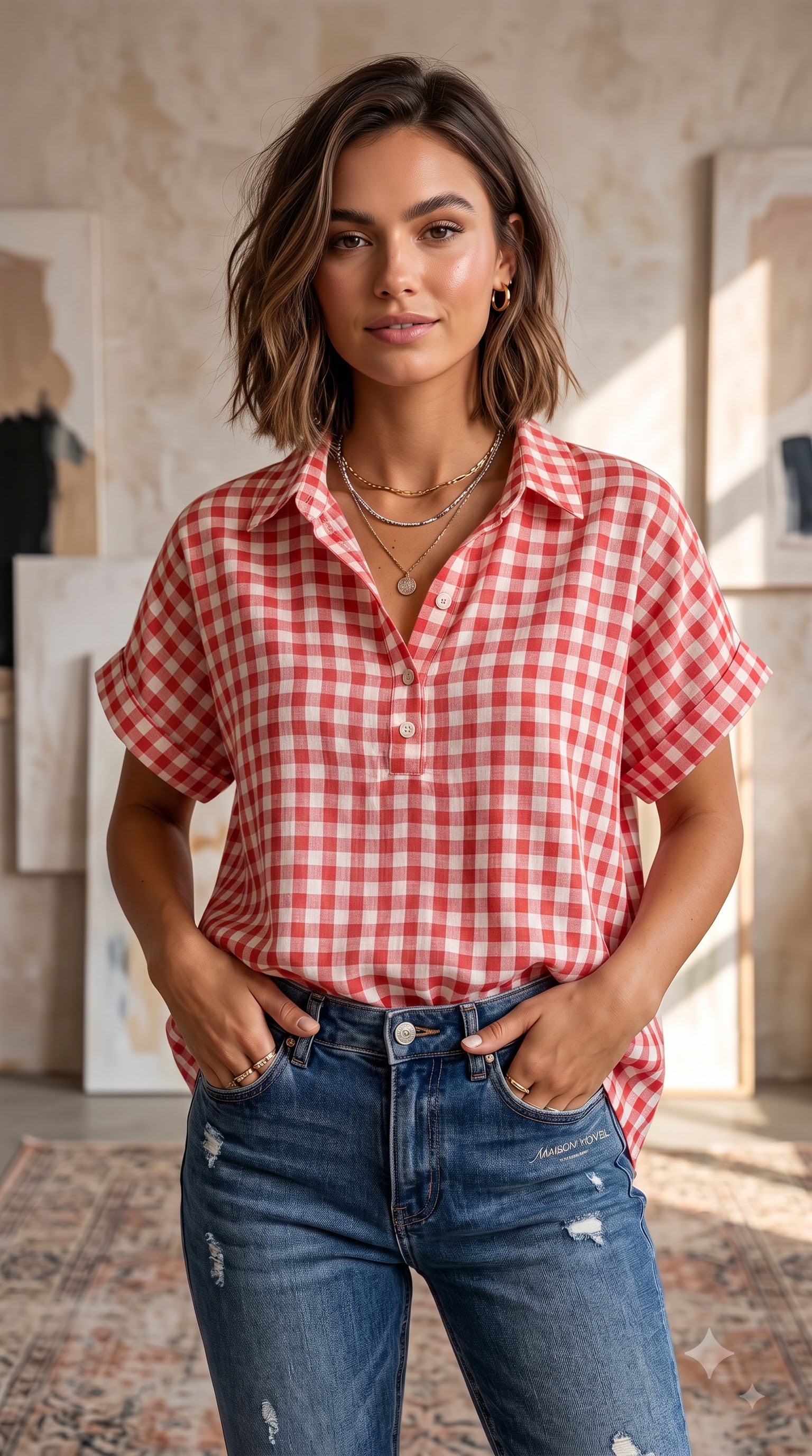 Classic Gingham Cotton-Linen V-Neck Button-Front Blouse